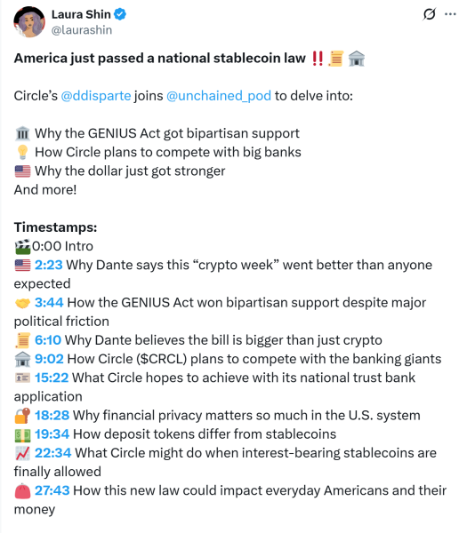 Genius Act блокирует Big Tech от доминирующих стаблеков: Circle Exec