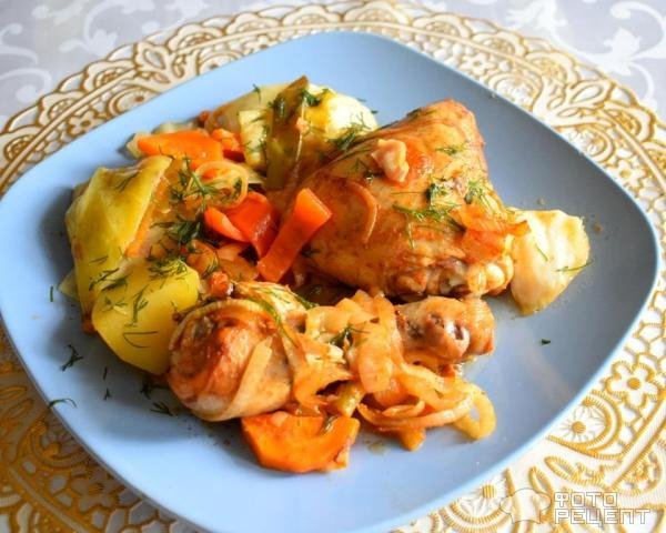 Рецепт: Куриные окорочка с овощами, запеченные в рукаве, в маринаде с виноградным уксусом - с сиропом топинамбура