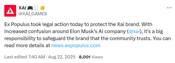 Xai подает в суд на Xai Elon Musk по поводу спора о торговой марке