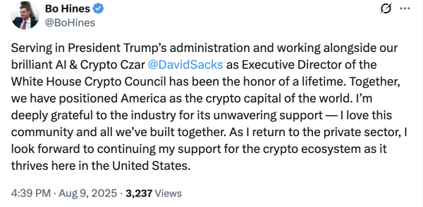 Бо Хейнс, лидер Совета по криптовалюте Белого дома, уходит вниз Бо Хейнс, лидер Совета по криптовалюте Белого дома, уходит вниз