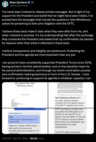 Проспективные председатели CFTC выпускают частные тексты с близнецами Winklevoss Проспективные председатели CFTC выпускают частные тексты с близнецами Winklevoss