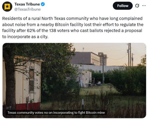 Техасцам не удалось создать город, чтобы обеспечить соблюдение ограничений на шум для биткоин-майнеров