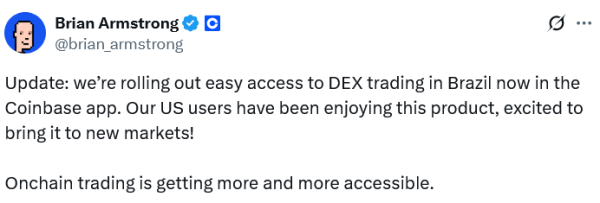 Coinbase расширит торговую платформу DEX в Бразилии