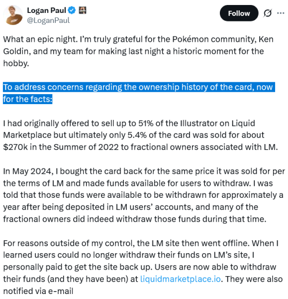 Логан Пол продает противоречивую карту покемонов за 16,5 миллионов долларов