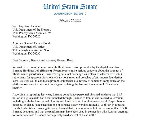 11 сенаторов США призывают расследовать меры контроля Binance по борьбе с отмыванием денег