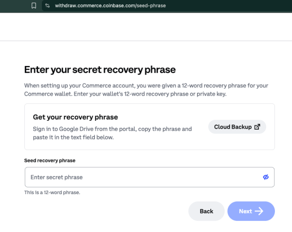 Субдомен Coinbase предлагает пользователям ввести начальные фразы