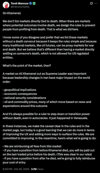 Калши предстал перед судом из-за рынка предсказаний Хаменеи