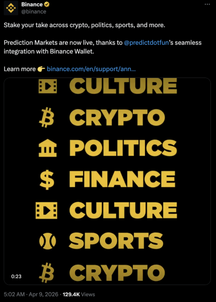 Binance запускает рынки прогнозов для приложения с помощью Predict. fun