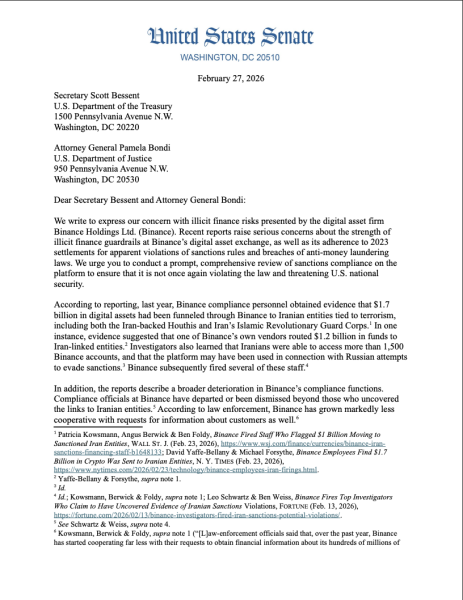 Сенатор США Блюменталь требует от чиновников предоставить обновленную информацию о надзоре за Binance