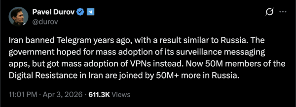 В Иране Telegram скачали более 50 миллионов раз, несмотря на запрет: Дуров