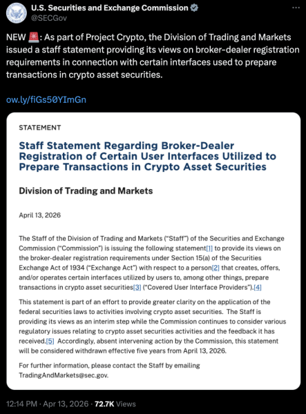 SEC предлагает некоторым криптовалютным интерфейсам не нужно регистрироваться в качестве брокеров