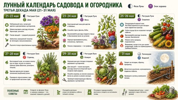 Лунный календарь садовода и огородника на май 2026 года: когда сажать овощи и ухаживать за грядками