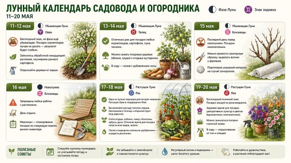 Лунный календарь садовода и огородника на май 2026 года: когда сажать овощи и ухаживать за грядками