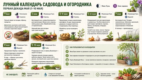 Лунный календарь садовода и огородника на май 2026 года: когда сажать овощи и ухаживать за грядками