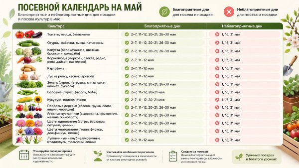 Лунный календарь садовода и огородника на май 2026 года: когда сажать овощи и ухаживать за грядками