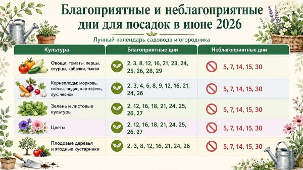 Посевной календарь на июнь 2026 года: самые удачные дни для посадок и ухода за растениями