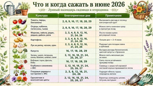 Посевной календарь на июнь 2026 года: самые удачные дни для посадок и ухода за растениями